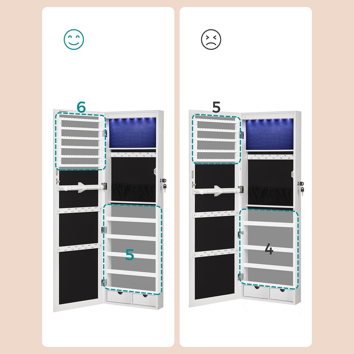 Jewelry Cabinet – Frameless Mirror – White – Wall Hanging or Door Mounted with LED Lighting and Large Capacity