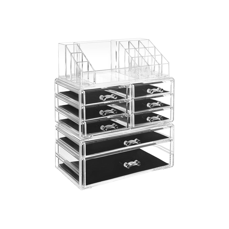3 Piece Transparent Acrylic Cosmetic Organizer Set – Clear – Features 8 Drawers for Lipsticks and Jewelry