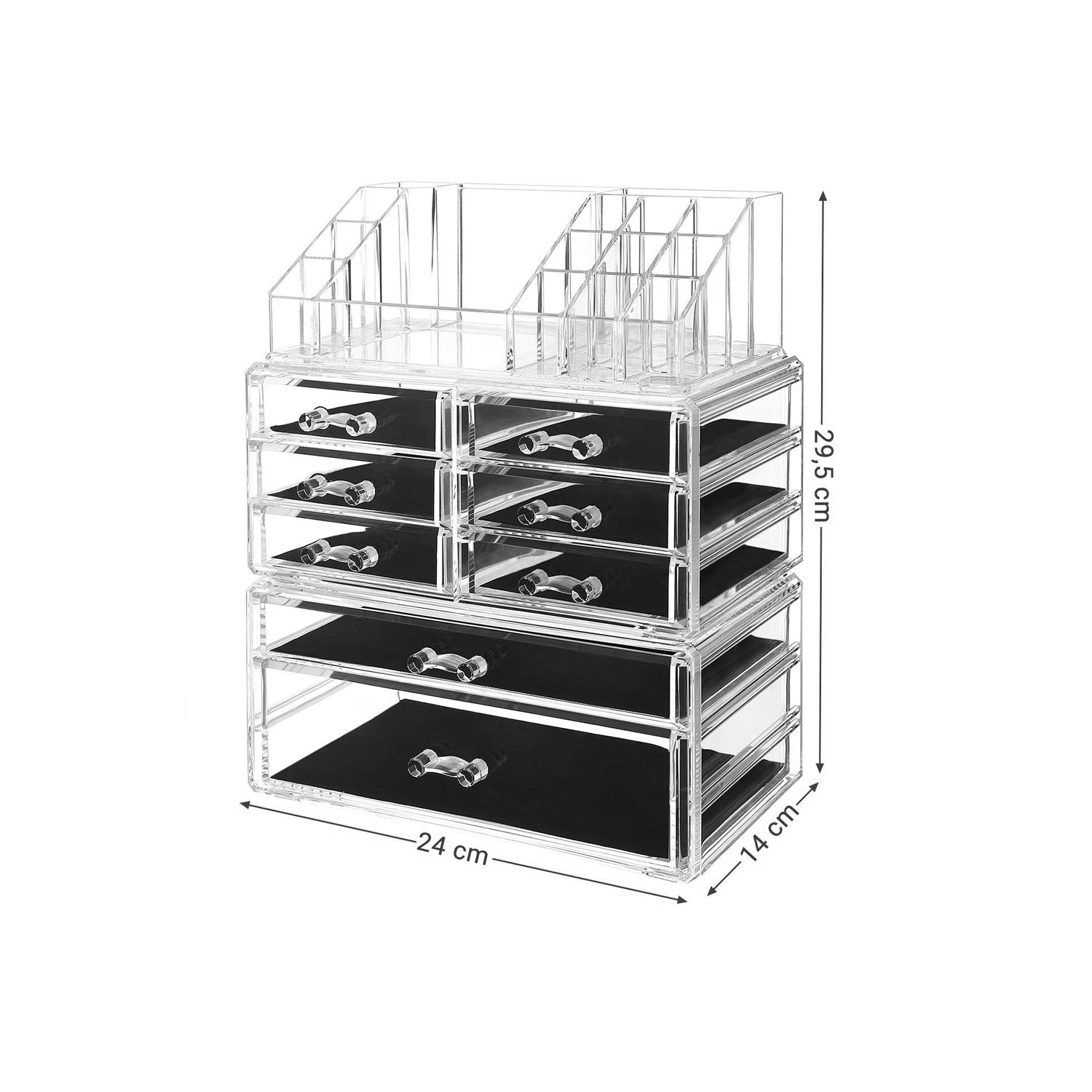 3 Piece Transparent Acrylic Cosmetic Organizer Set – Clear – Features 8 Drawers for Lipsticks and Jewelry