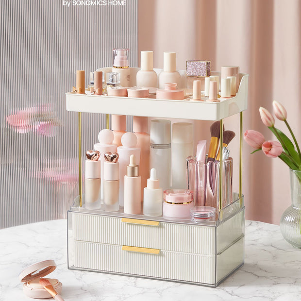 Makeup Organiser – Acrylic – Cloud White – 4 Layers with Dividers and Anti-Slip Design
