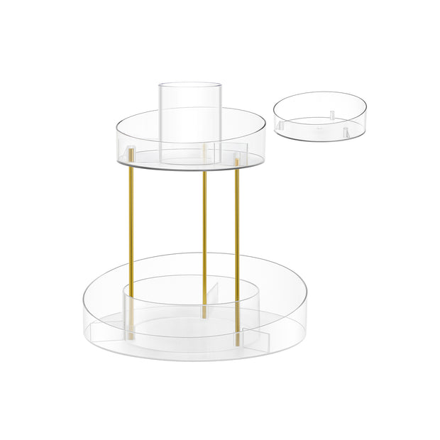 Round Rotating Makeup Organiser – Transparent – Champagne Gold – 2-Tier with Extra Top Tray
