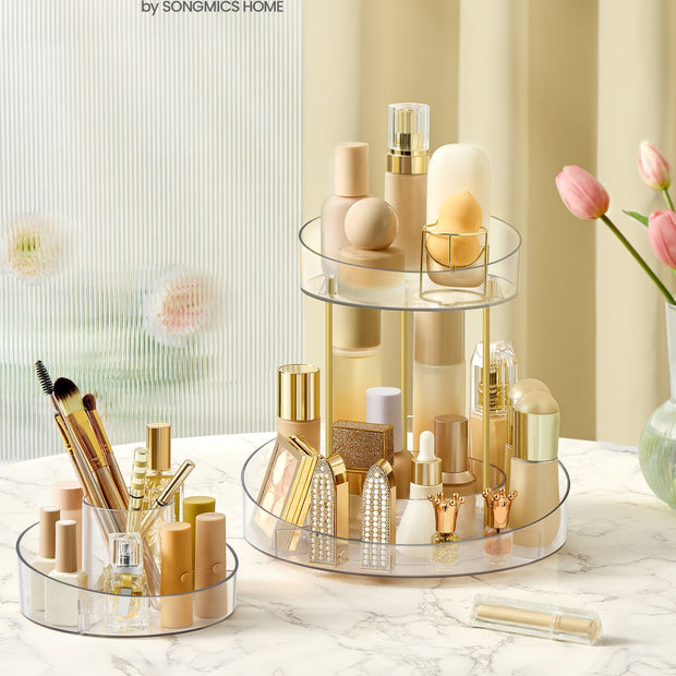 Round Rotating Makeup Organiser – Transparent – Champagne Gold – 2-Tier with Extra Top Tray