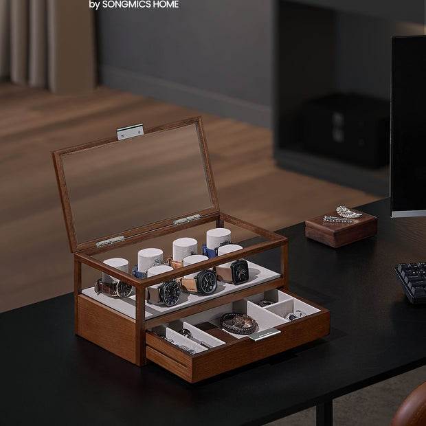 2-Tier Watch Box – Solid Wood – Natural Finish – 7 Pillars with Drawer and Velvet Lining