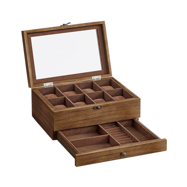 Wooden Watch Box – Solid Wood – Rustic Walnut – 8 Slots with Glass Lid and Pillows