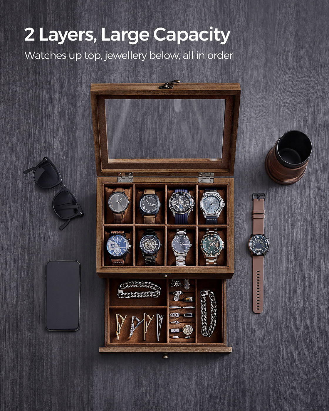Wooden Watch Box – Solid Wood – Rustic Walnut – 8 Slots with Glass Lid and Pillows