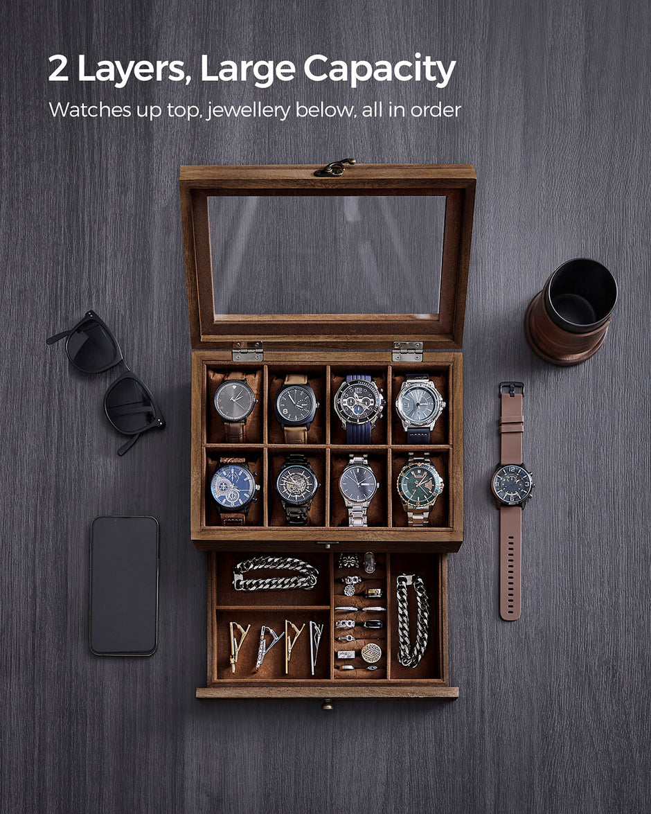Wooden Watch Box – Solid Wood – Rustic Walnut – 8 Slots with Glass Lid and Pillows
