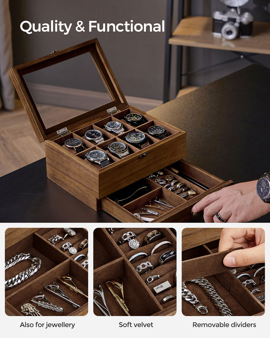Wooden Watch Box – Solid Wood – Rustic Walnut – 8 Slots with Glass Lid and Pillows