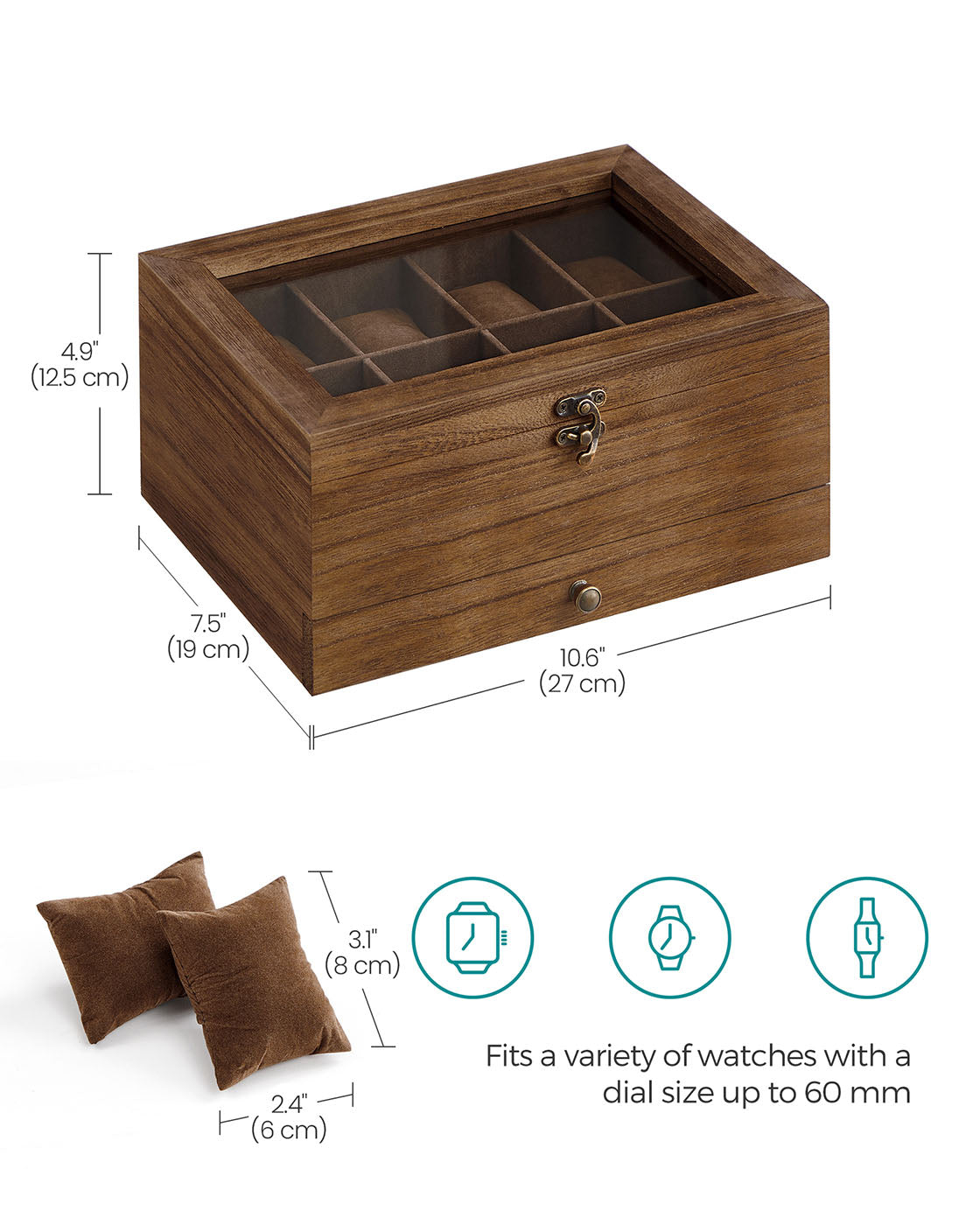 Wooden Watch Box – Solid Wood – Rustic Walnut – 8 Slots with Glass Lid and Pillows