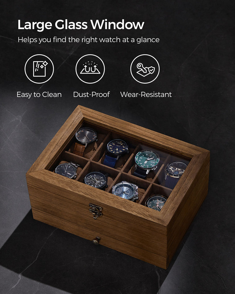 Wooden Watch Box – Solid Wood – Rustic Walnut – 8 Slots with Glass Lid and Pillows