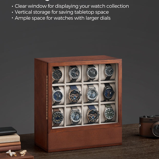 Watch Display Box – Solid Wood Veneer – Coffee Brown – 12-Slot Vertical Storage with Window