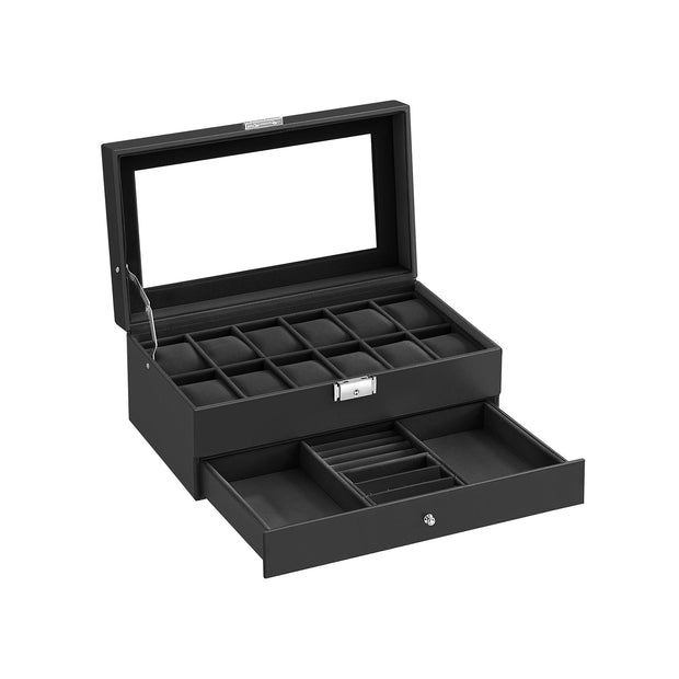 Double Layer Watch Box – Wood – Black – with Glass Lid and Bracelet Bangle Tray