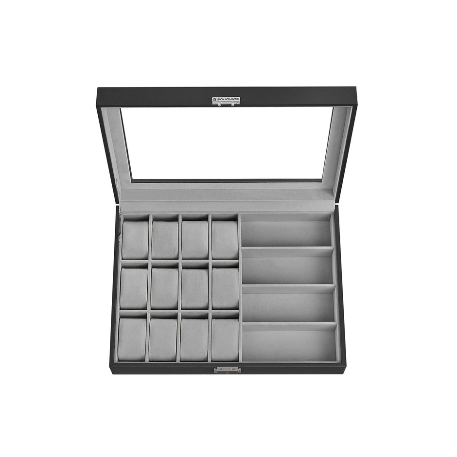 Watch Box – Synthetic Leather – Ink Black/Dove Gray – Lockable with Glass Lid and 24 Slots
