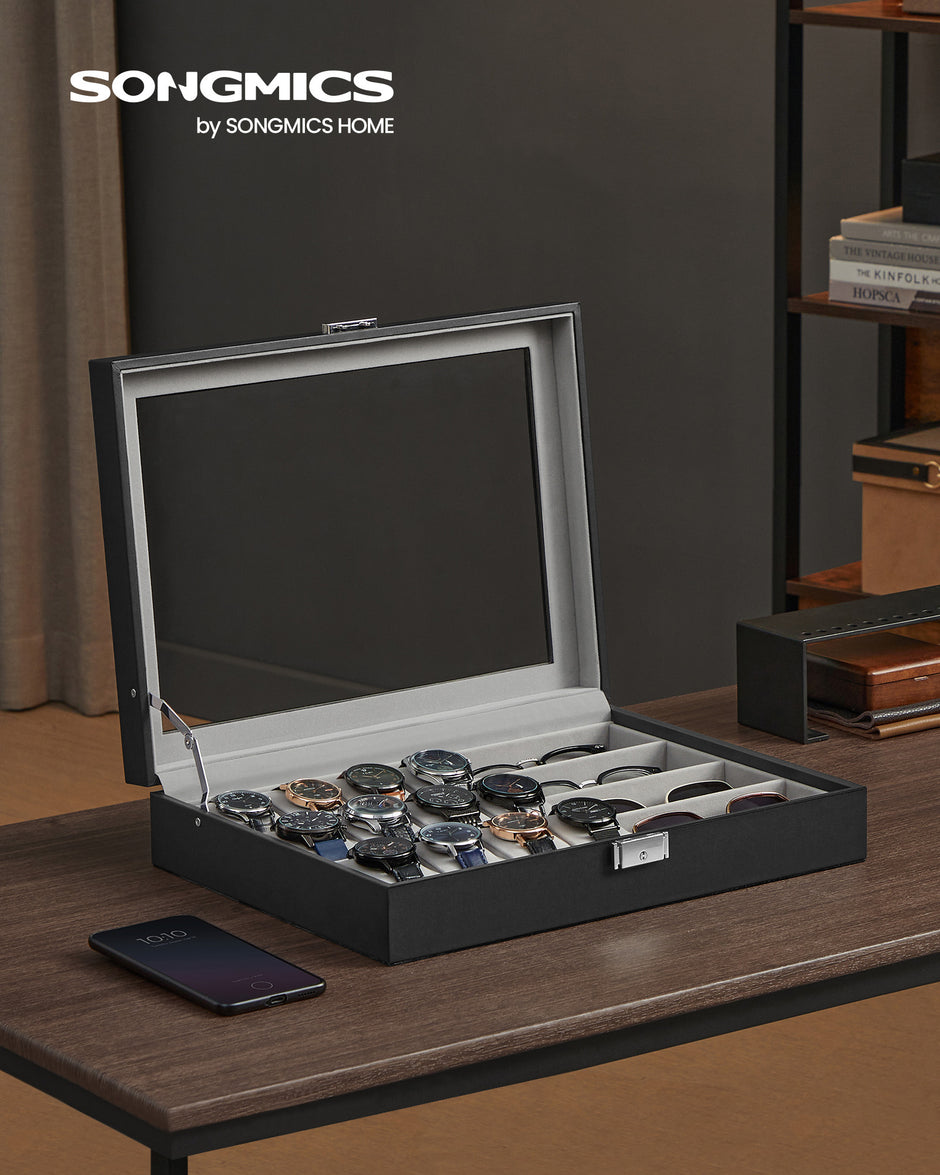 Watch Box – Synthetic Leather – Ink Black/Dove Gray – Lockable with Glass Lid and 24 Slots