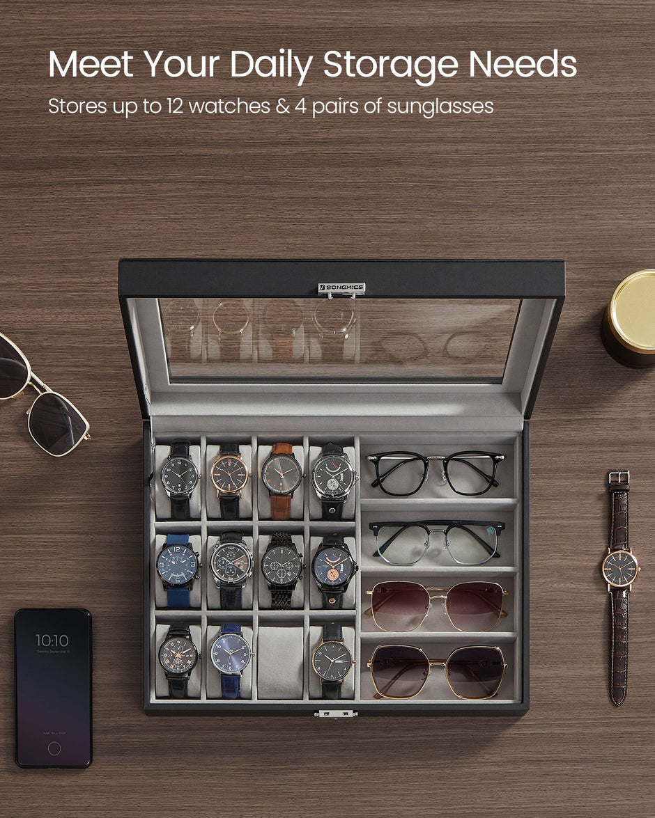 Watch Box – Synthetic Leather – Ink Black/Dove Gray – Lockable with Glass Lid and 24 Slots