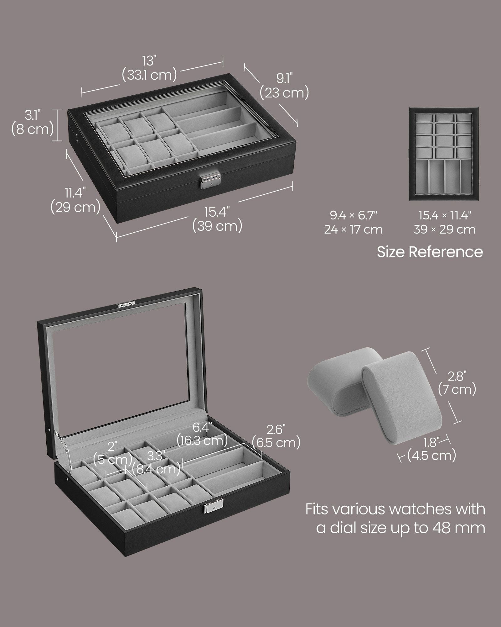 Watch Box – Synthetic Leather – Ink Black/Dove Gray – Lockable with Glass Lid and 24 Slots