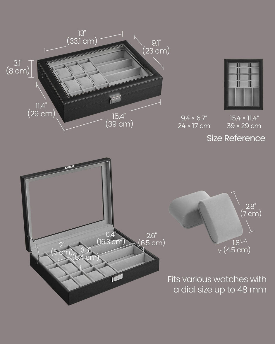 Watch Box – Synthetic Leather – Ink Black/Dove Gray – Lockable with Glass Lid and 24 Slots