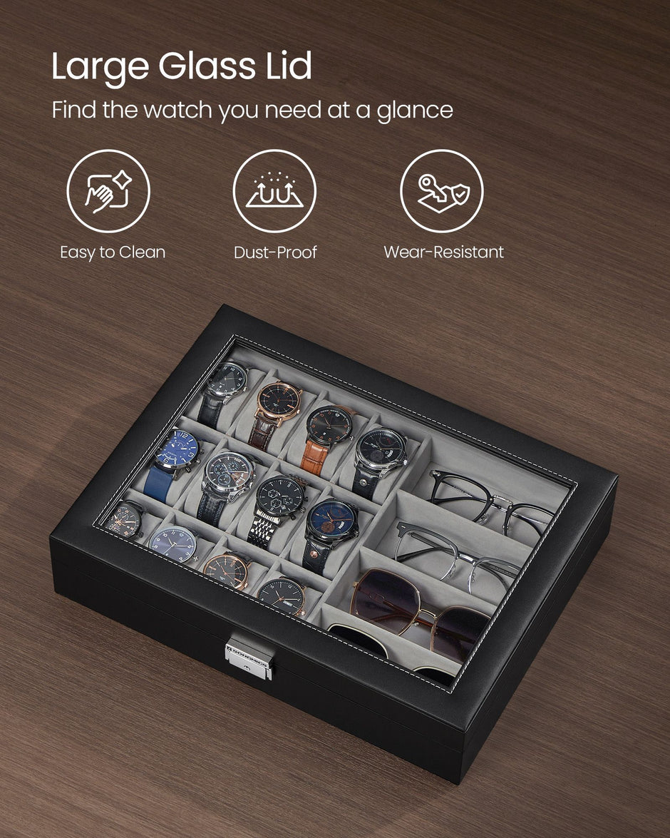 Watch Box – Synthetic Leather – Ink Black/Dove Gray – Lockable with Glass Lid and 24 Slots
