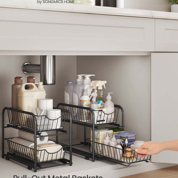 2-Tier Under Sink Storage Organiser – Metal – Classic Black – Sliding Basket Drawers