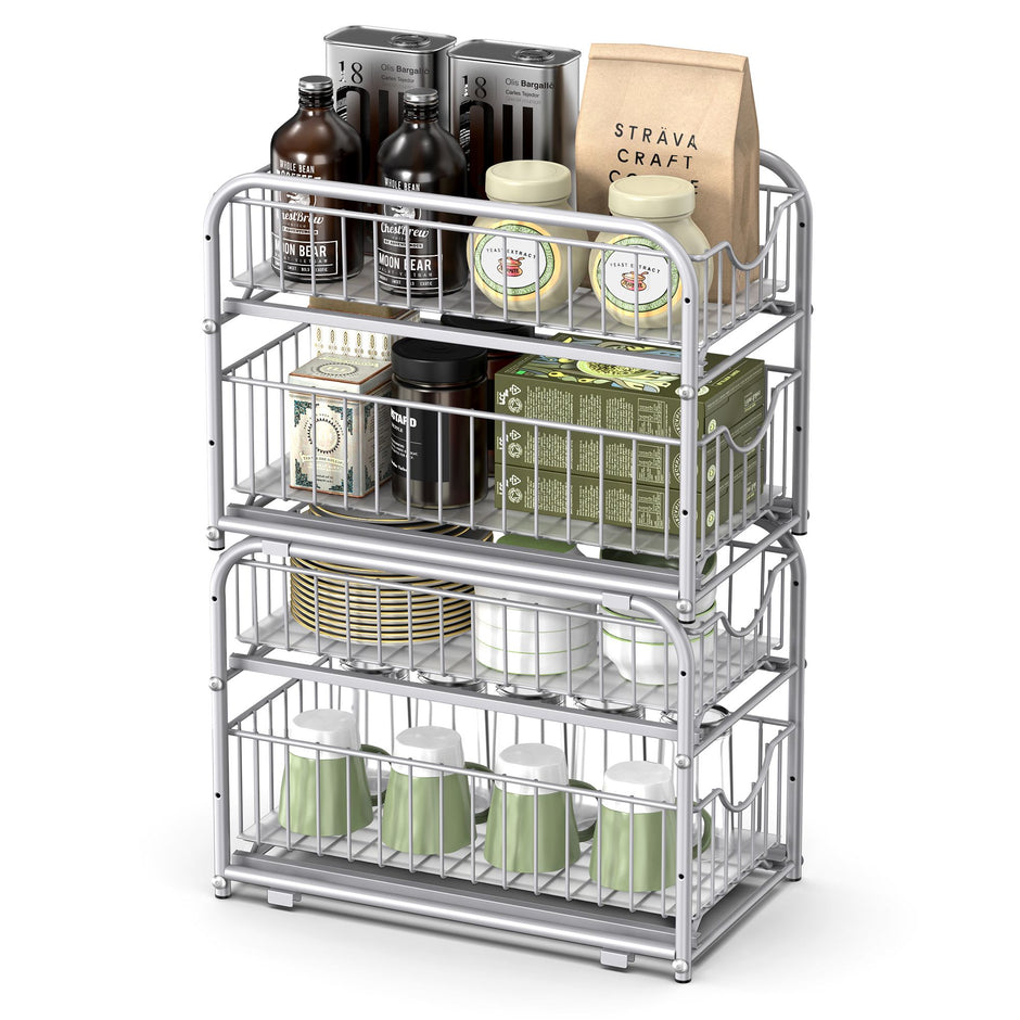 Set of 2 Sliding Basket Organizers – Metallic – Silver – Stackable 2-Tier Under-Sink Storage for Kitchen and Bathroom