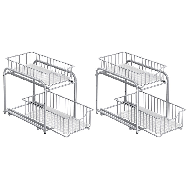 Set of 2 Sliding Basket Organizers – Metallic – Silver – Stackable 2-Tier Under-Sink Storage for Kitchen and Bathroom