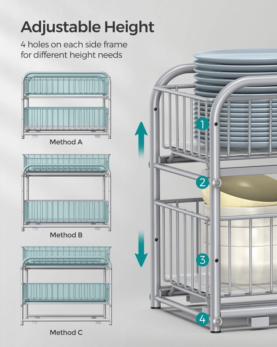 Set of 2 Sliding Basket Organizers – Metallic – Silver – Stackable 2-Tier Under-Sink Storage for Kitchen and Bathroom