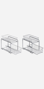 Set of 2 Sliding Basket Organizers – Metallic – Silver – Stackable 2-Tier Under-Sink Storage for Kitchen and Bathroom