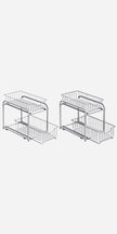 Set of 2 Sliding Basket Organizers – Metallic – Silver – Stackable 2-Tier Under-Sink Storage for Kitchen and Bathroom