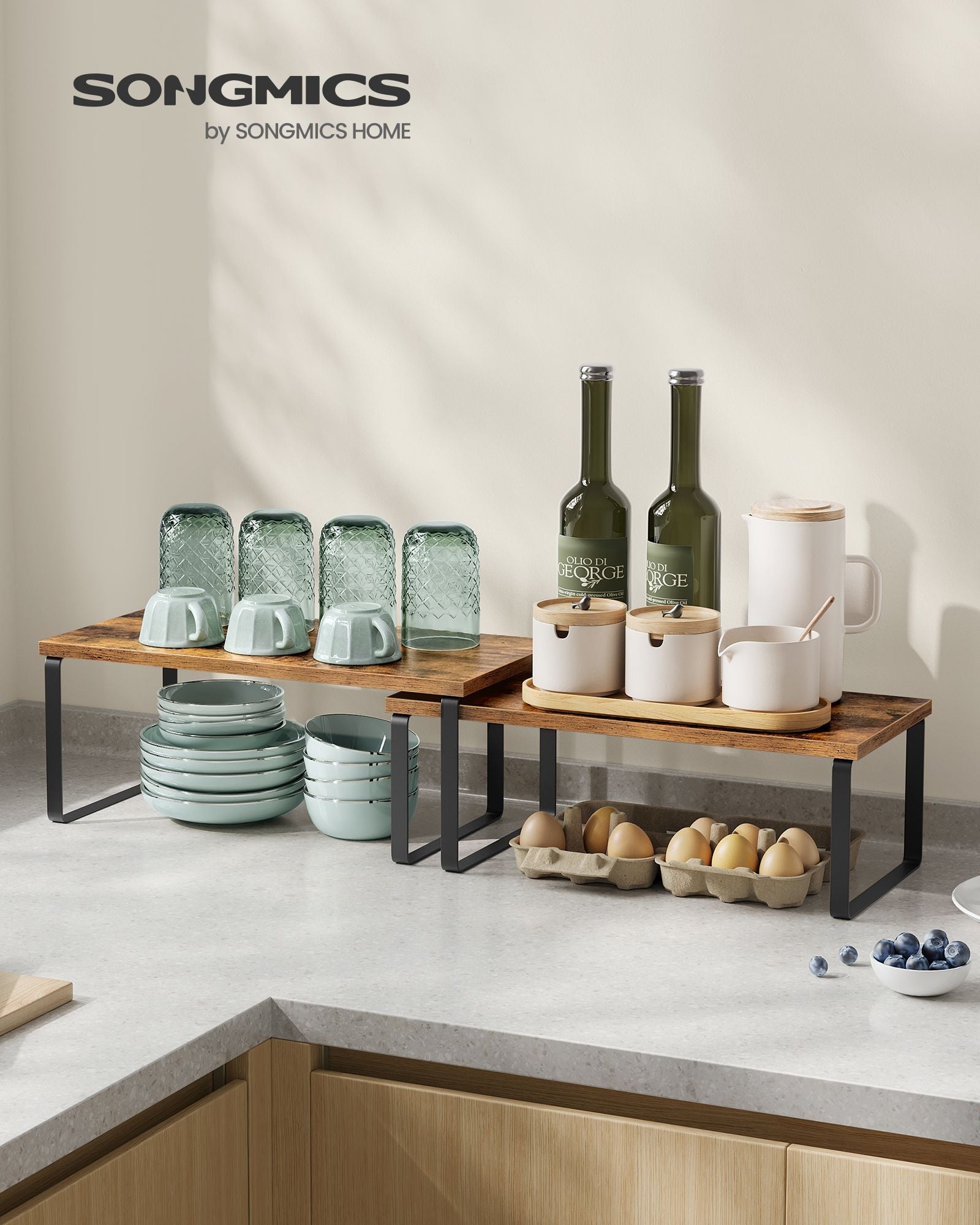 Set of 2 Cupboard Shelf Organisers – Metal and Engineered Wood – Expandable and Stackable – Kitchen Spice Holder