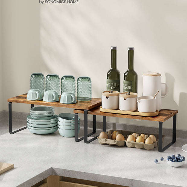 Set of 2 Cupboard Shelf Organisers – Metal and Engineered Wood – Expandable and Stackable – Kitchen Spice Holder