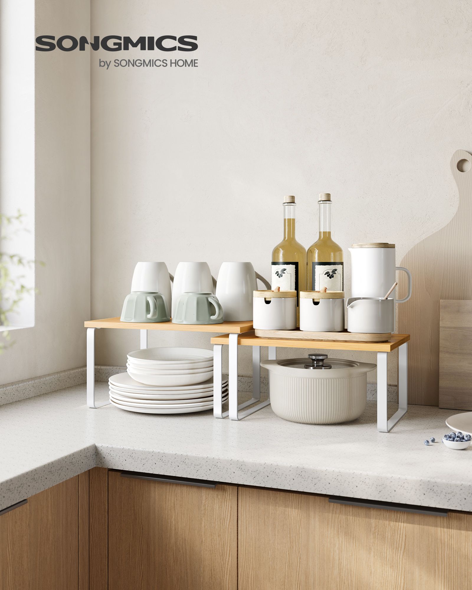 Set of 2 Stackable Spice Racks – Metal and Engineered Wood – Apricot Orange – Expandable Kitchen Shelf Organiser