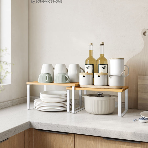 Set of 2 Stackable Spice Racks – Metal and Engineered Wood – Apricot Orange – Expandable Kitchen Shelf Organiser