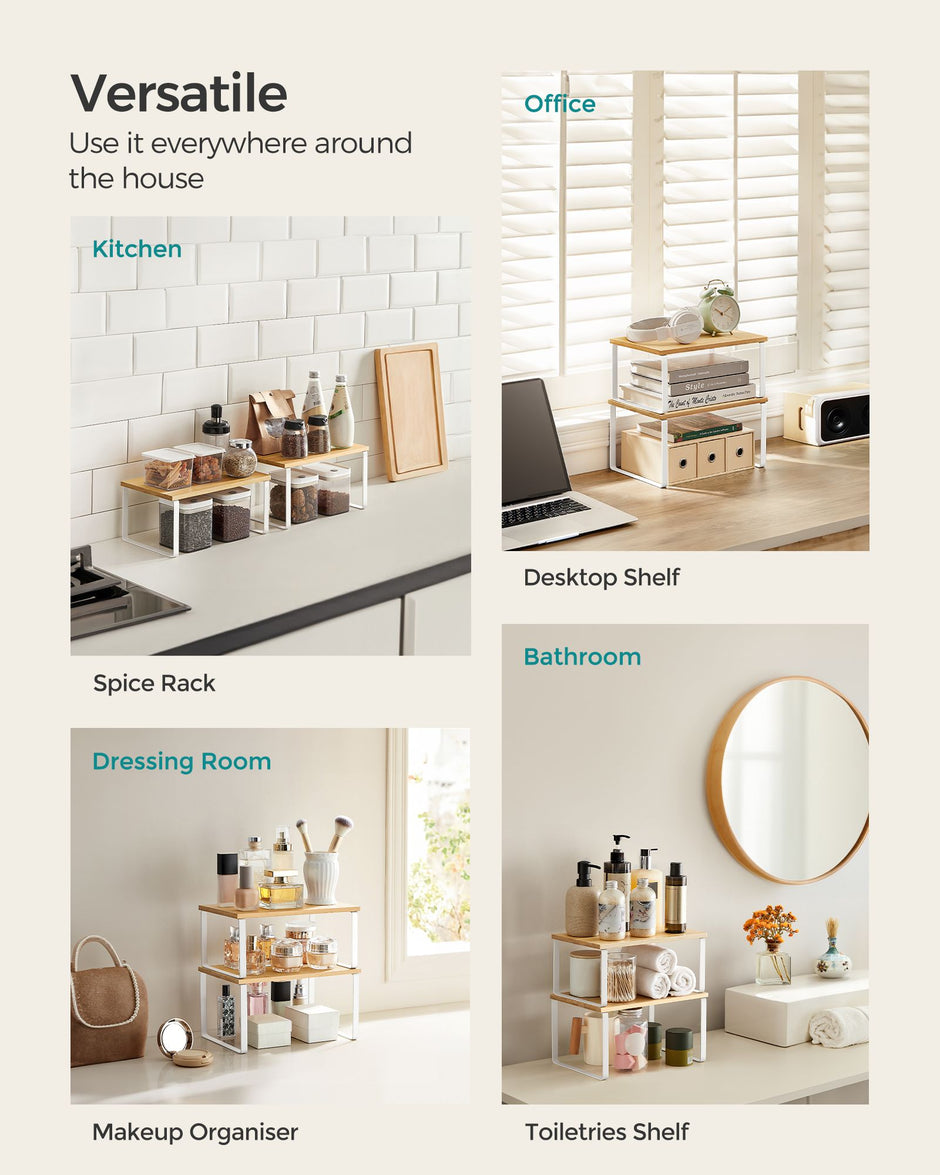 Set of 2 Stackable Spice Racks – Metal and Engineered Wood – Apricot Orange – Expandable Kitchen Shelf Organiser