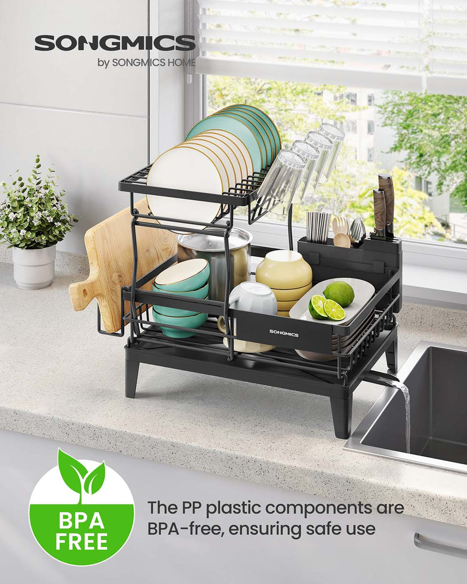 Dish Drying Rack – Metal – Ink Black – 360° Rotatable with Extendable Spout