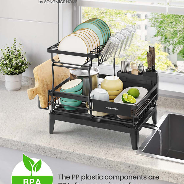 Dish Drying Rack – Metal – Ink Black – 360° Rotatable with Extendable Spout