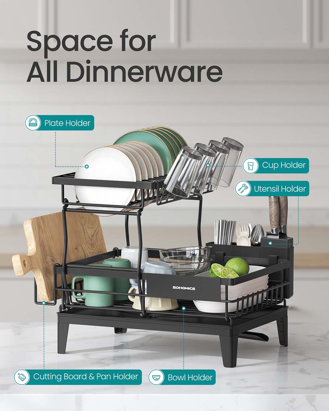 Dish Drying Rack – Metal – Ink Black – 360° Rotatable with Extendable Spout