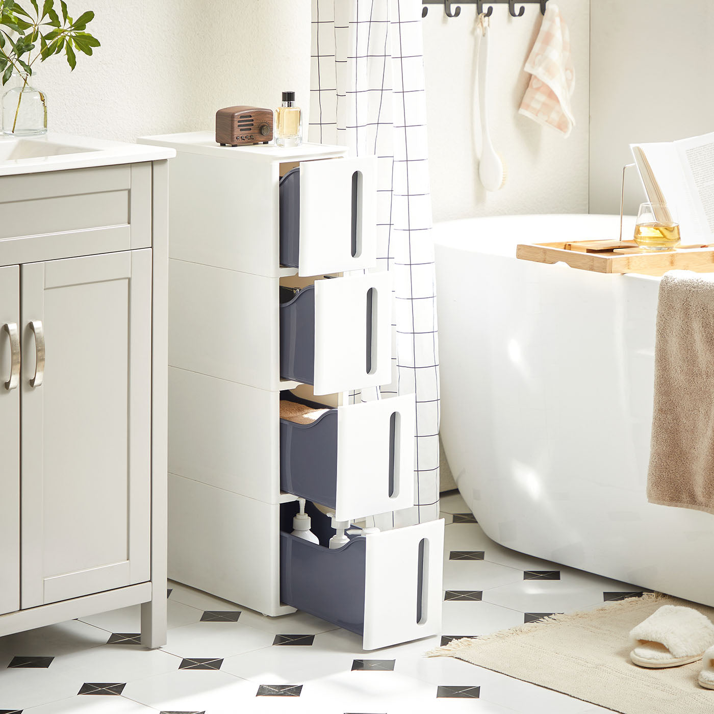 Rolling Storage Tower – PP – White and Grey – 4 Drawers, Space Saving Design