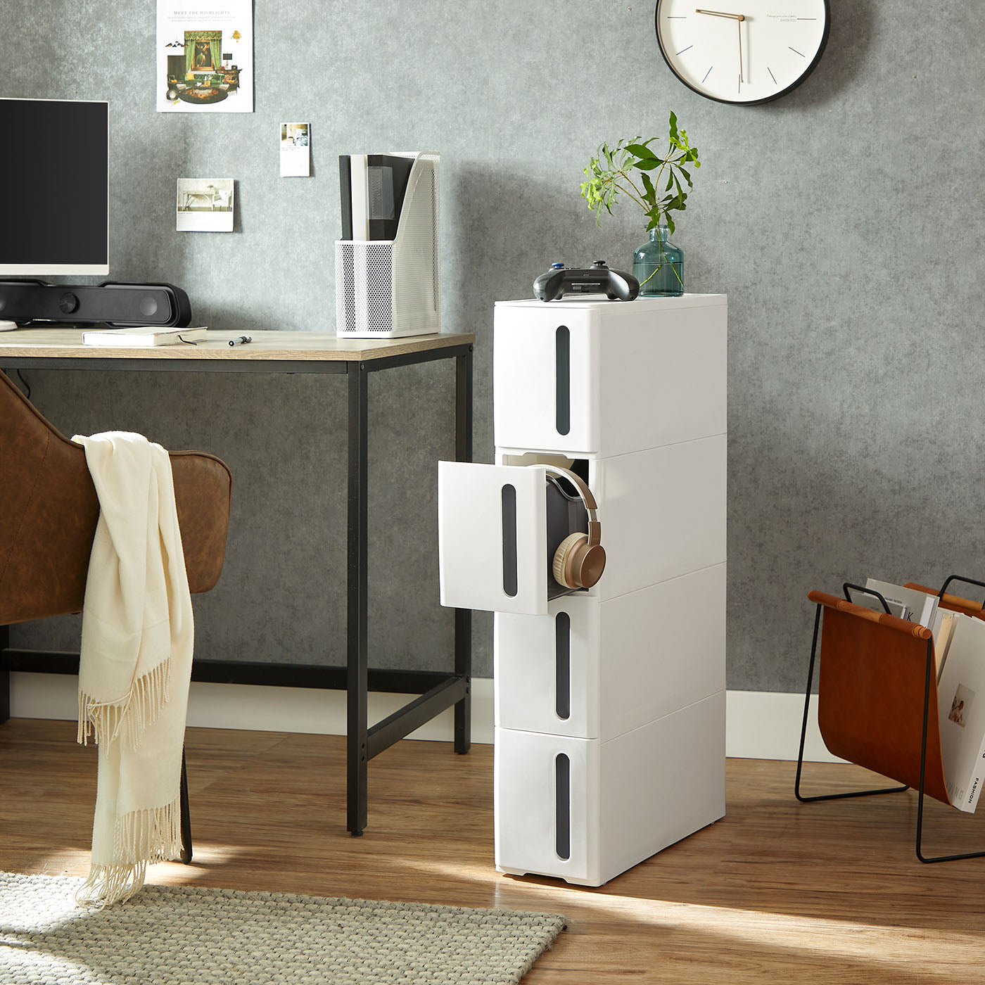 Rolling Storage Tower – PP – White and Grey – 4 Drawers, Space Saving Design