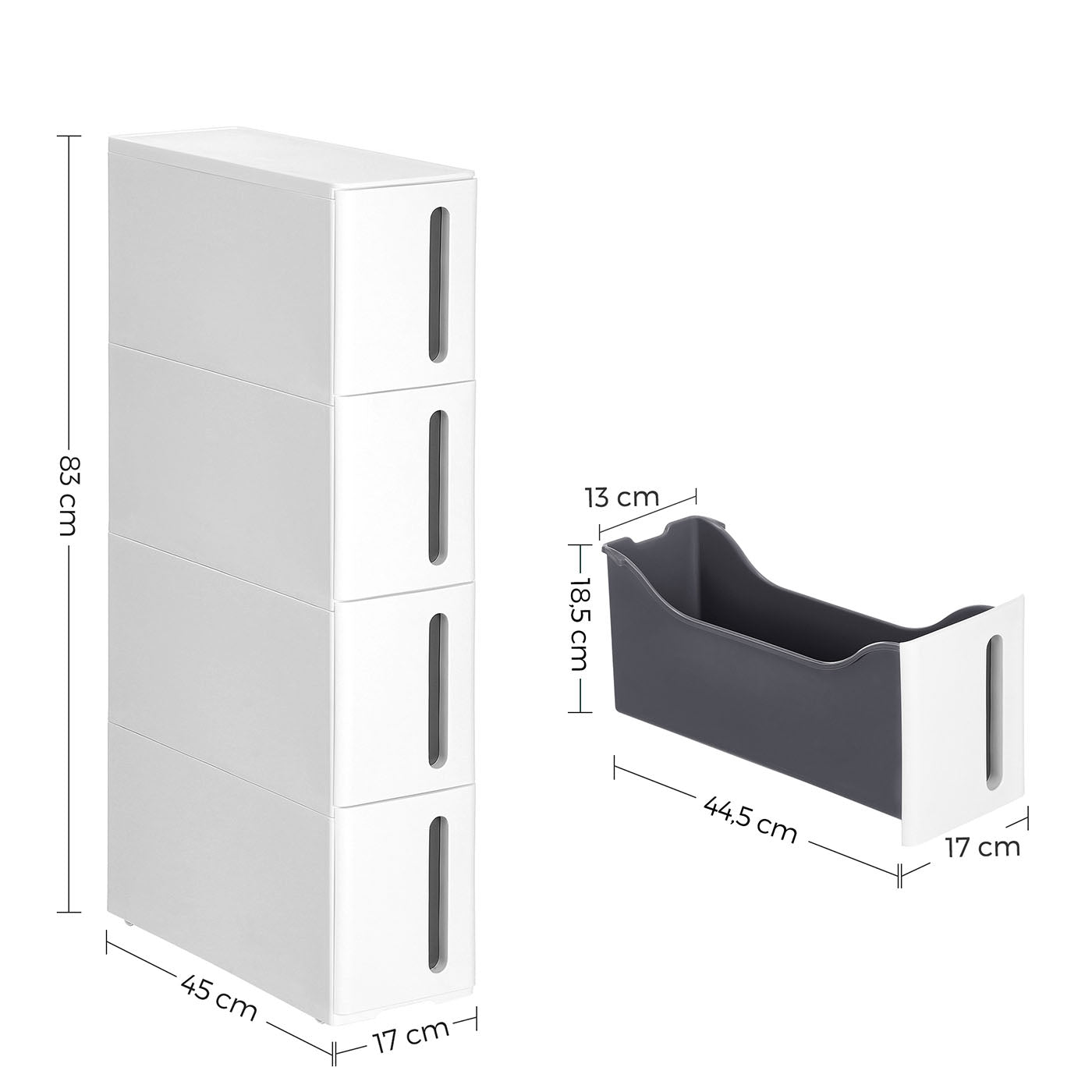 Rolling Storage Tower – PP – White and Grey – 4 Drawers, Space Saving Design