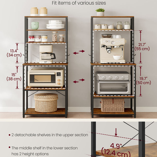 Kitchen Storage Rack – Steel – Heather Greige and Ink Black – 6 Shelves and 6 Hooks