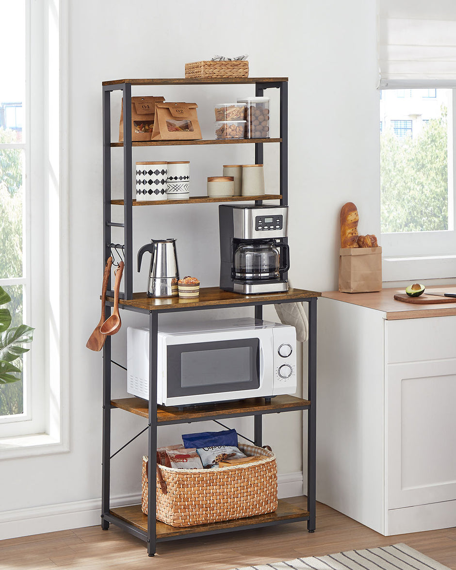 Kitchen Storage Rack – Steel – Heather Greige and Ink Black – 6 Shelves and 6 Hooks