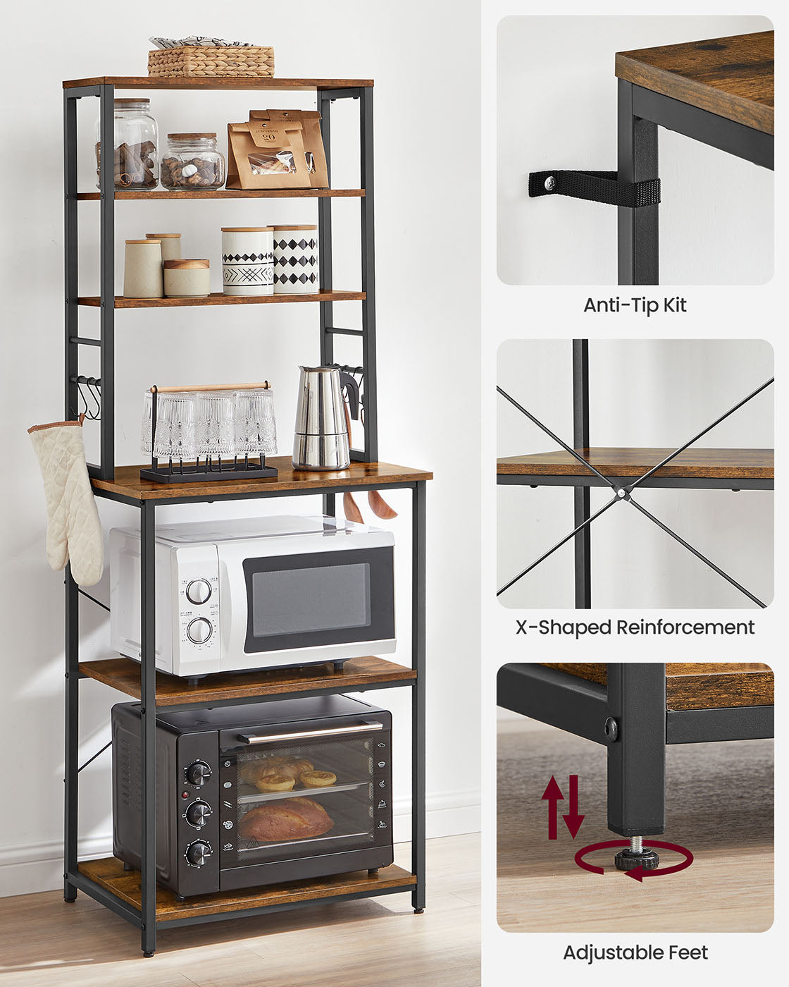 Kitchen Storage Rack – Steel – Heather Greige and Ink Black – 6 Shelves and 6 Hooks