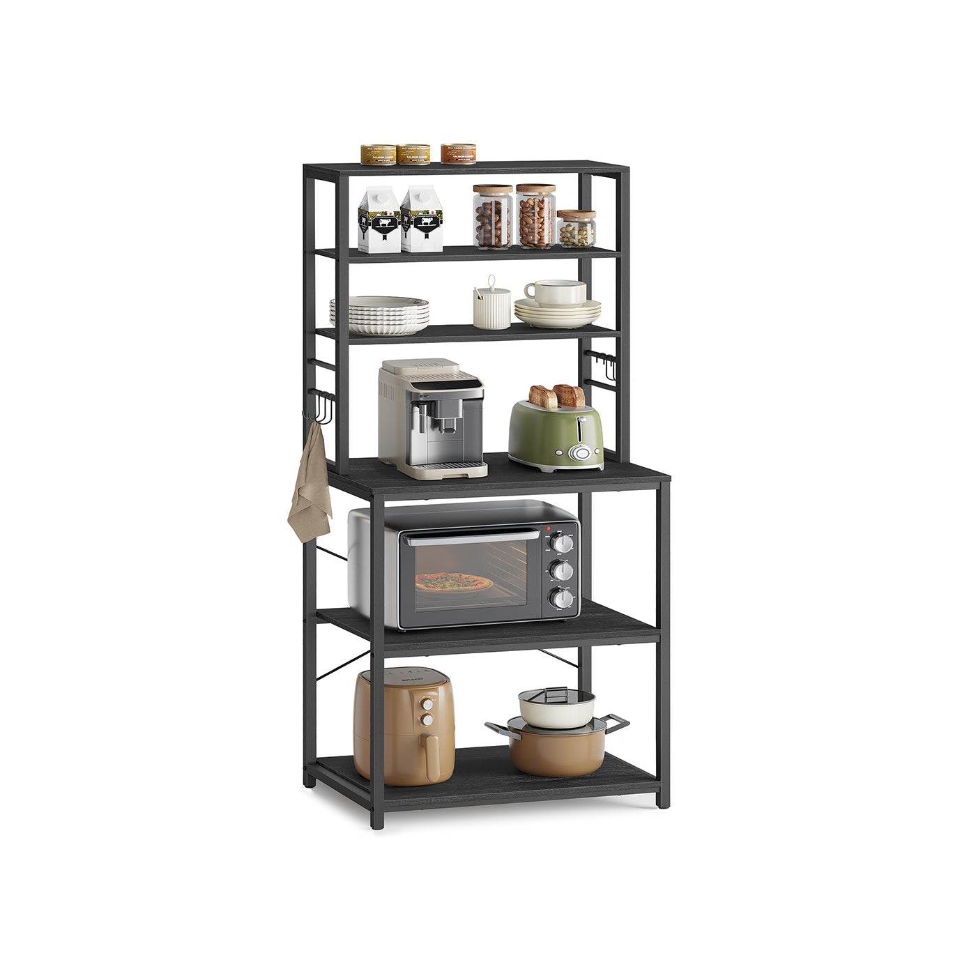 Kitchen Storage Rack – Steel – Heather Greige and Ink Black – 6 Shelves and 6 Hooks