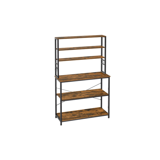Kitchen Storage Rack – Steel – Rustic Brown and Black – 6 Shelves and Hooks