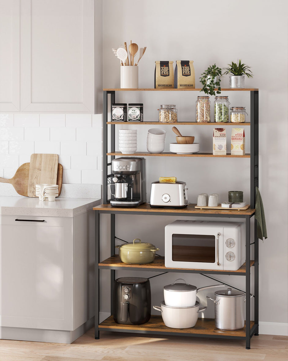 Kitchen Storage Rack – Steel – Rustic Brown and Black – 6 Shelves and Hooks