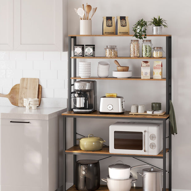 Kitchen Storage Rack – Steel – Rustic Brown and Black – 6 Shelves and Hooks