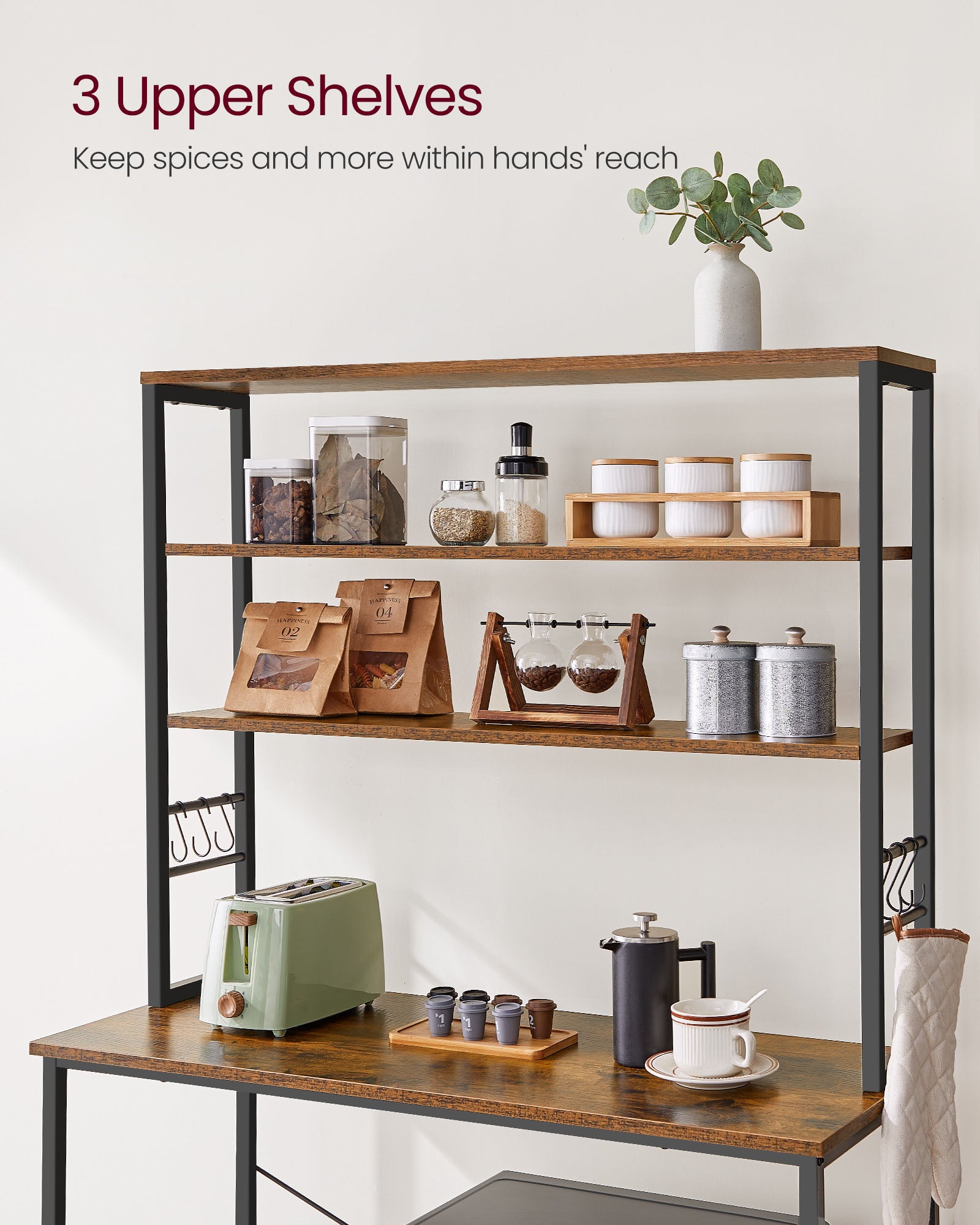 Kitchen Storage Rack – Steel – Rustic Brown and Black – 6 Shelves and Hooks
