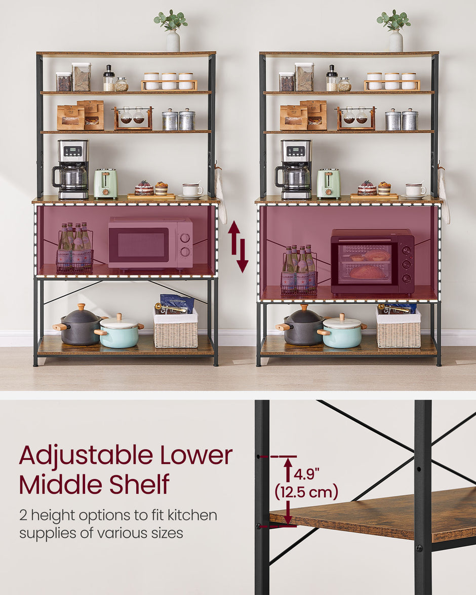 Kitchen Storage Rack – Steel – Rustic Brown and Black – 6 Shelves and Hooks