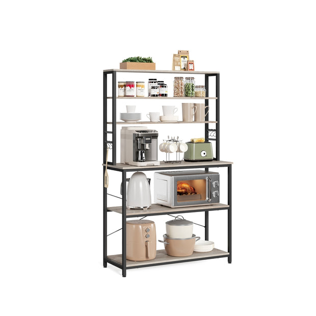 Kitchen Storage Rack – Steel – Heather Greige and Ink Black – 6 Shelves and 6 Hooks, Industrial Style
