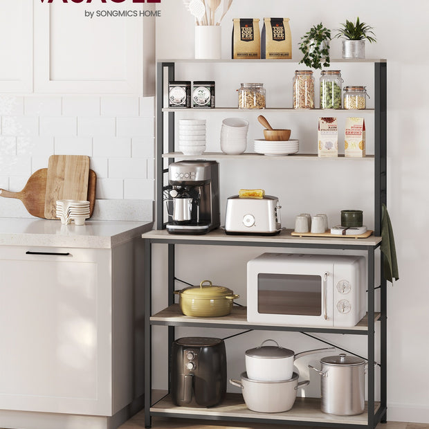 Kitchen Storage Rack – Steel – Heather Greige and Ink Black – 6 Shelves and 6 Hooks, Industrial Style