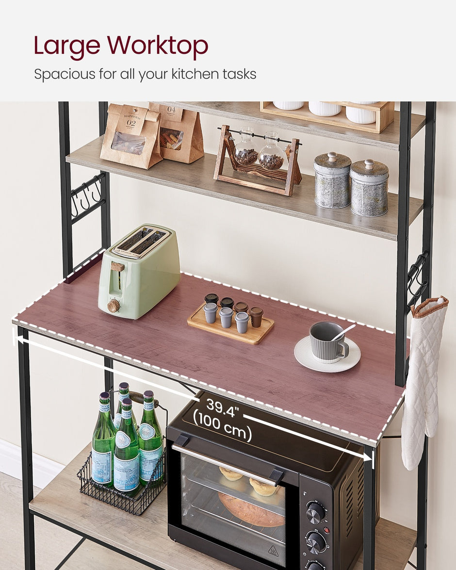 Kitchen Storage Rack – Steel – Heather Greige and Ink Black – 6 Shelves and 6 Hooks, Industrial Style